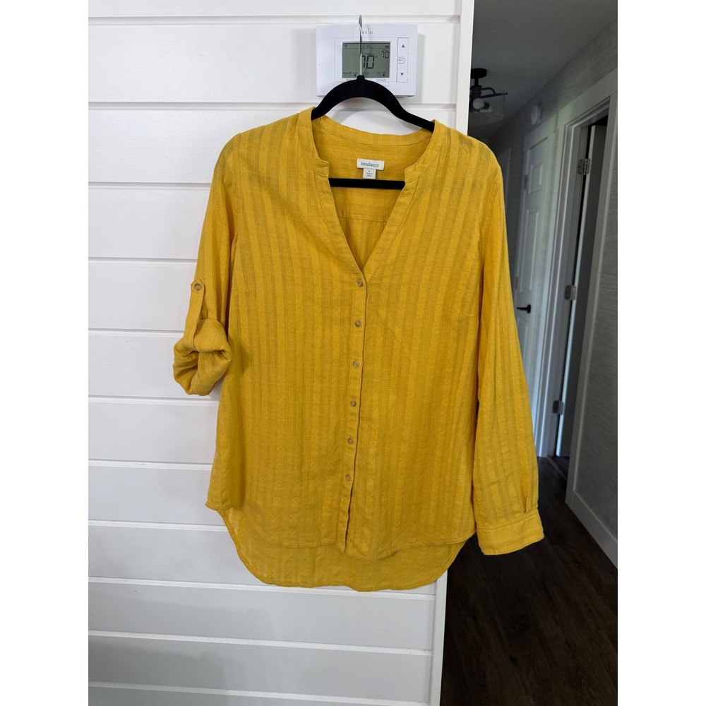 Sundance Mustard Yellow Cotton Dobby Stripe Roll Tab Button‎ Down Blouse Large